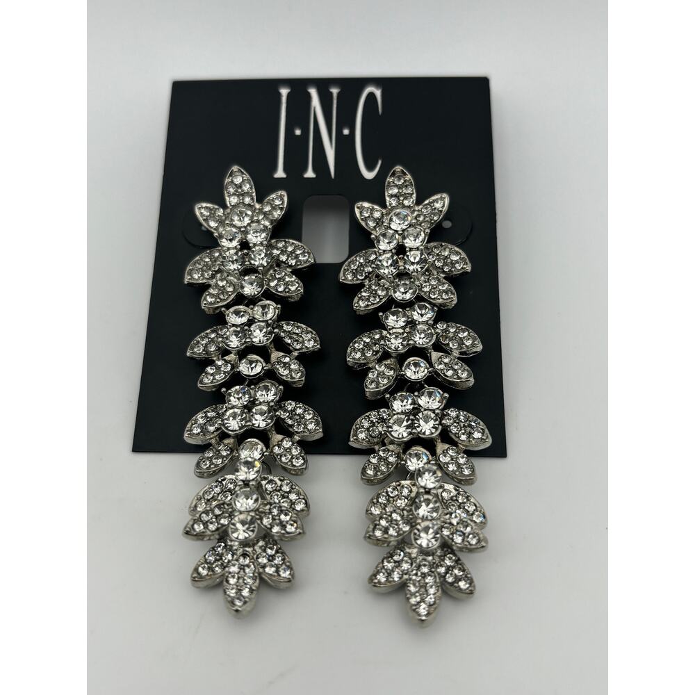 Silver-Tone Crystal Leaf Linear Drop Earrings - image 2
